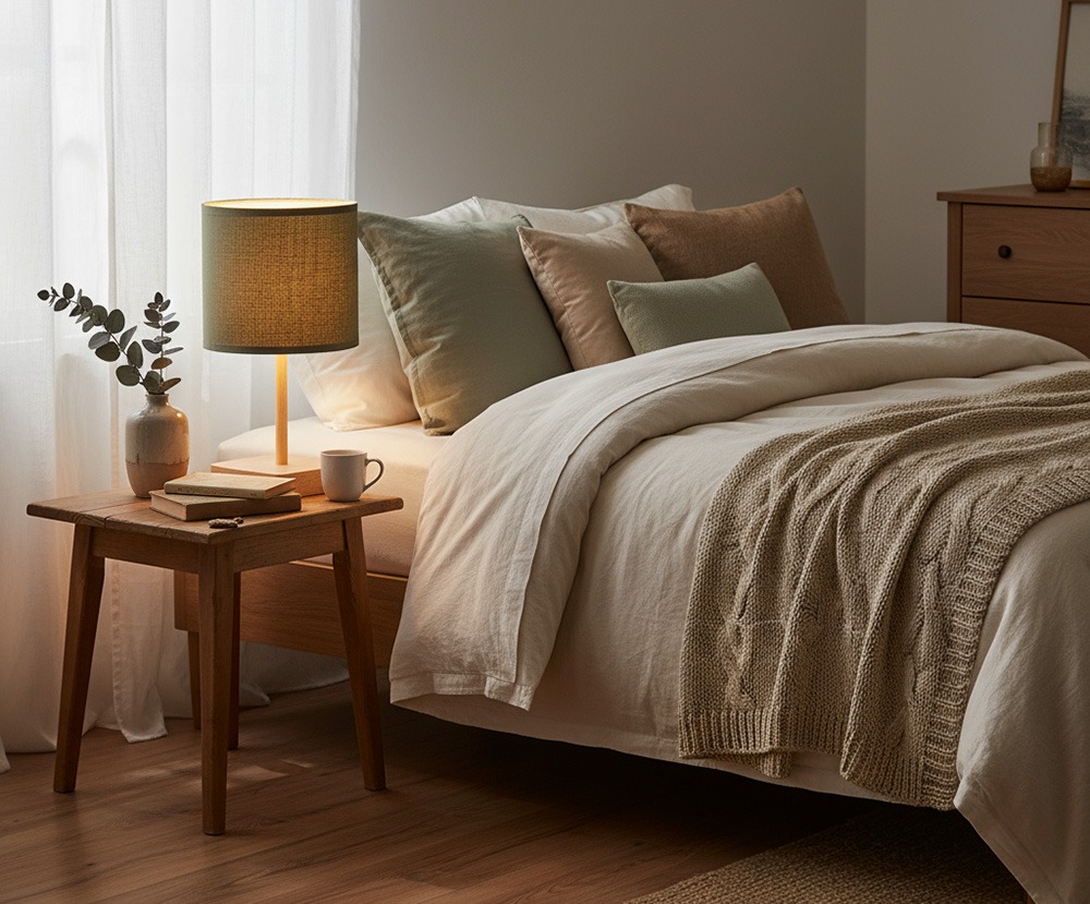 Lámpara de mesita de noche moderna sobre mesilla decorada