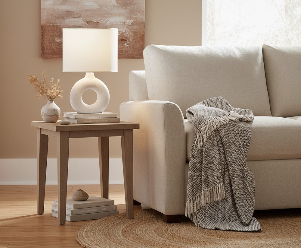 Lámpara de mesita de noche moderna sobre mesilla decorada