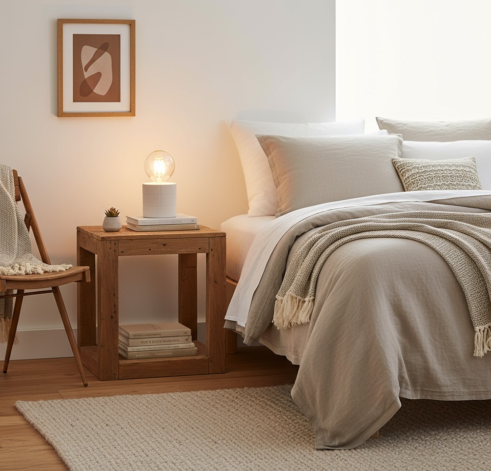 Lámpara de mesita de noche moderna sobre mesilla decorada