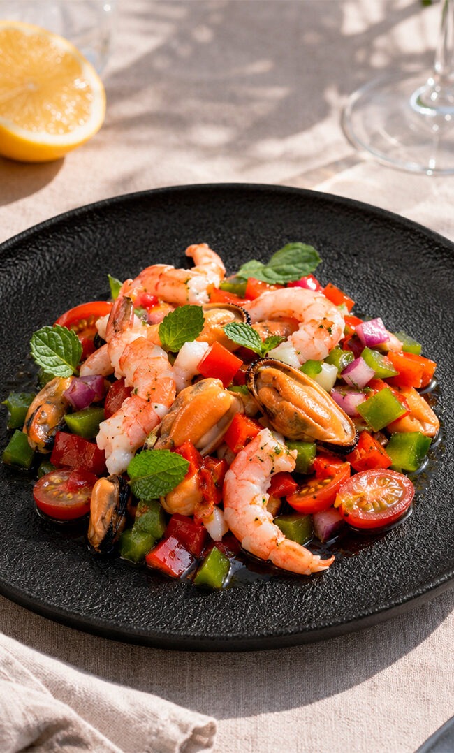 Salpicón de marisco con langostinos, mejillones y verduras, receta fresca de verano