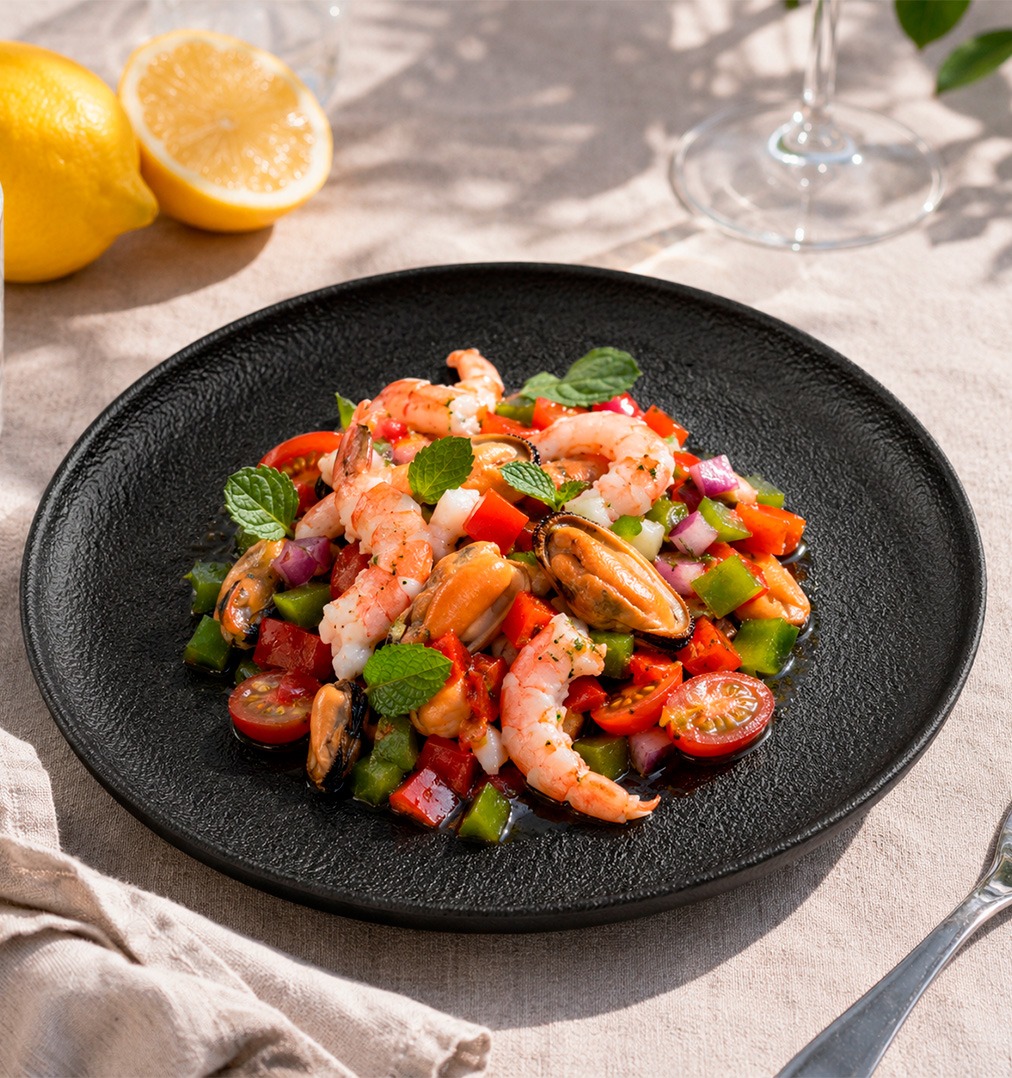 Salpicón de marisco con langostinos, mejillones y verduras, receta fresca de verano