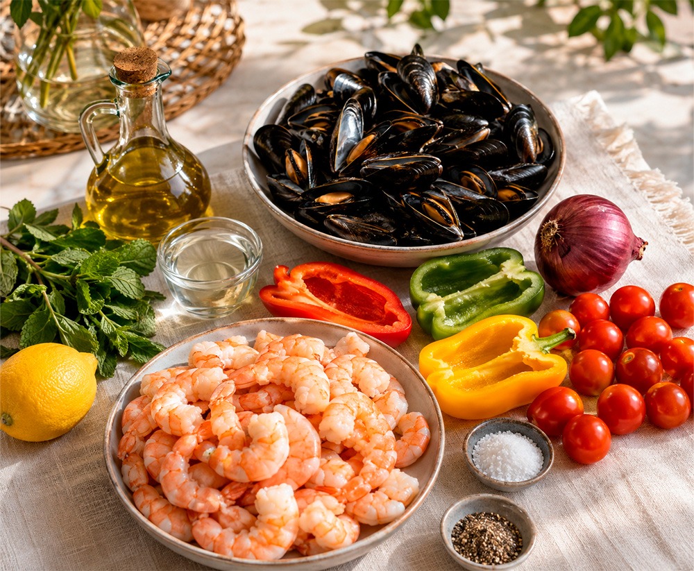 Salpicón de marisco con langostinos, mejillones y verduras, receta fresca de verano