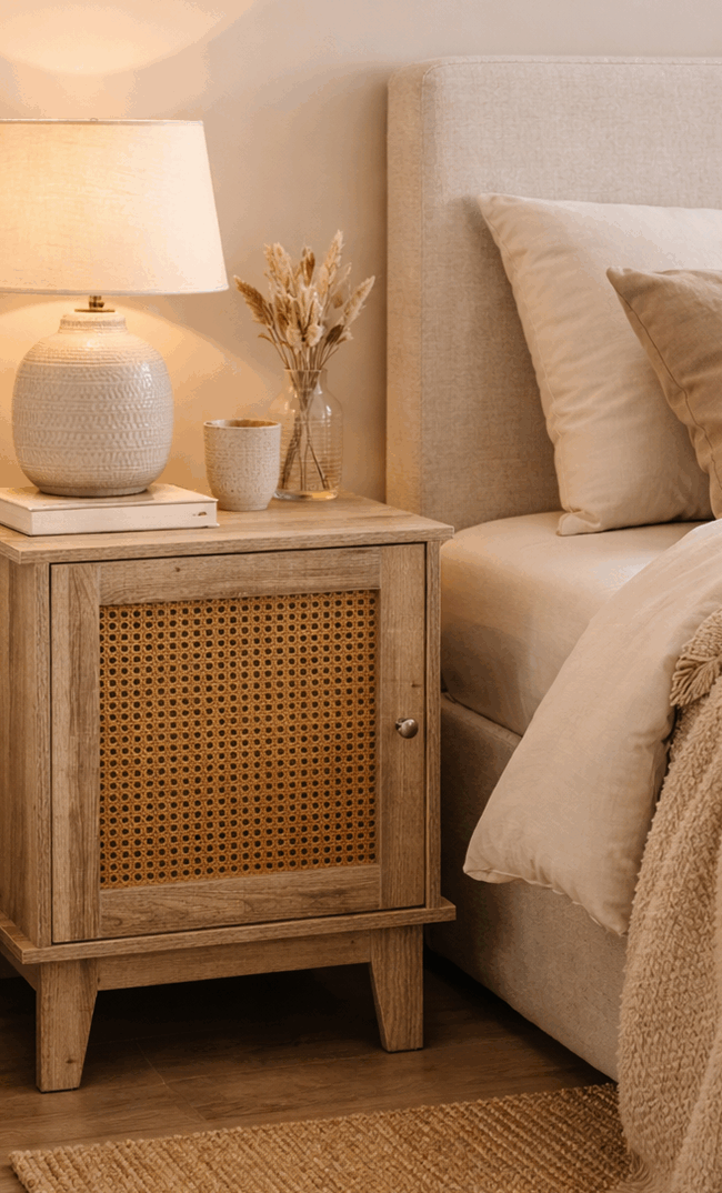 Mesitas de noche Vinthera en madera con lámpara y bandeja decorativa