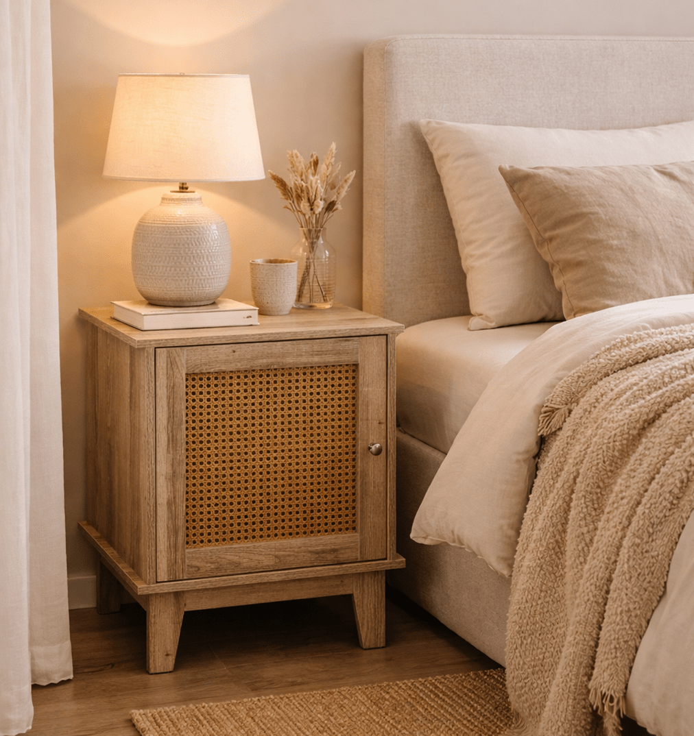 Mesitas de noche Vinthera en madera con lámpara y bandeja decorativa