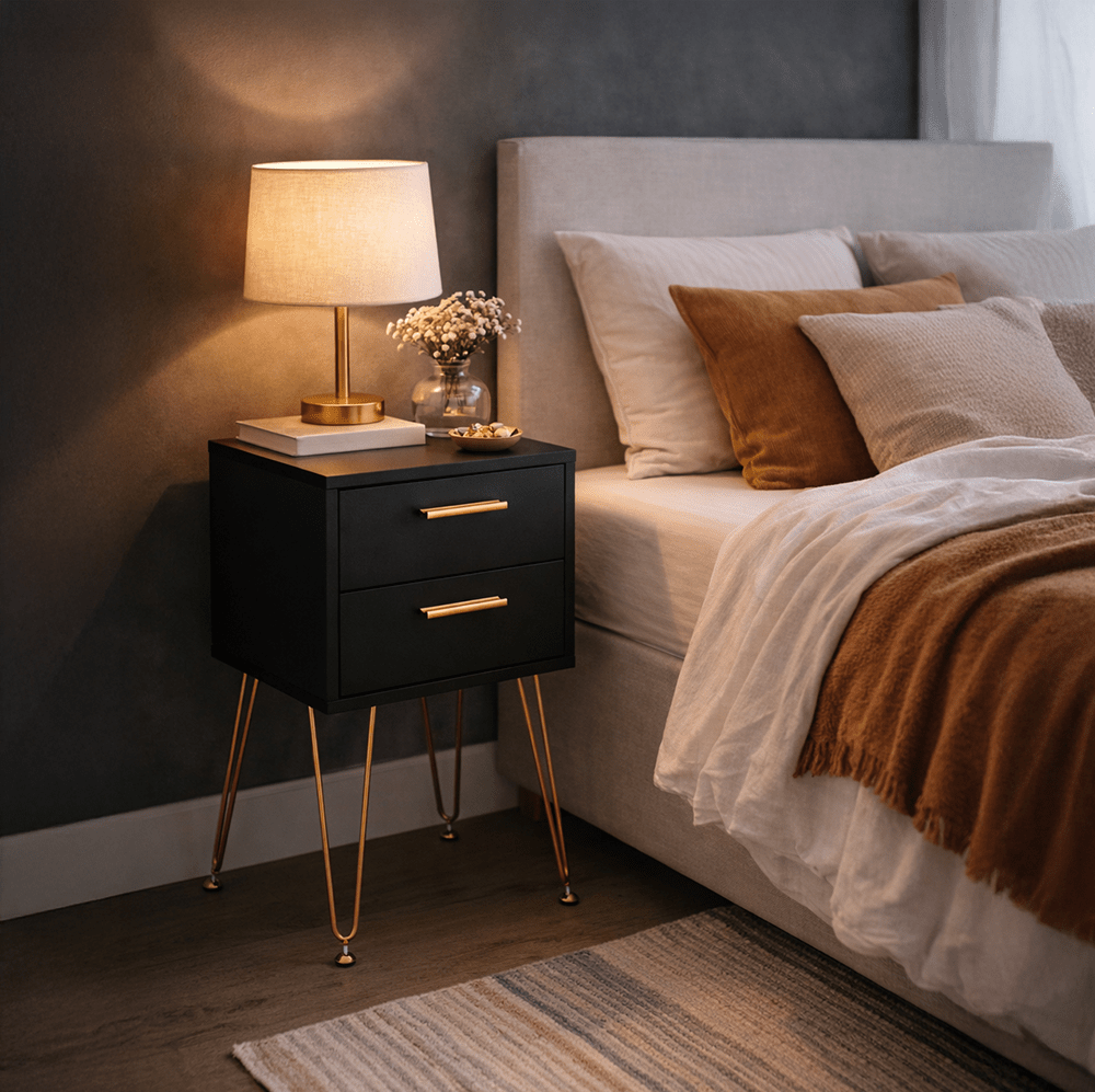 Mesitas de noche Vinthera en madera con lámpara y bandeja decorativa