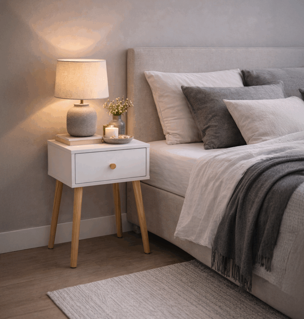 Mesitas de noche Vinthera en madera con lámpara y bandeja decorativa