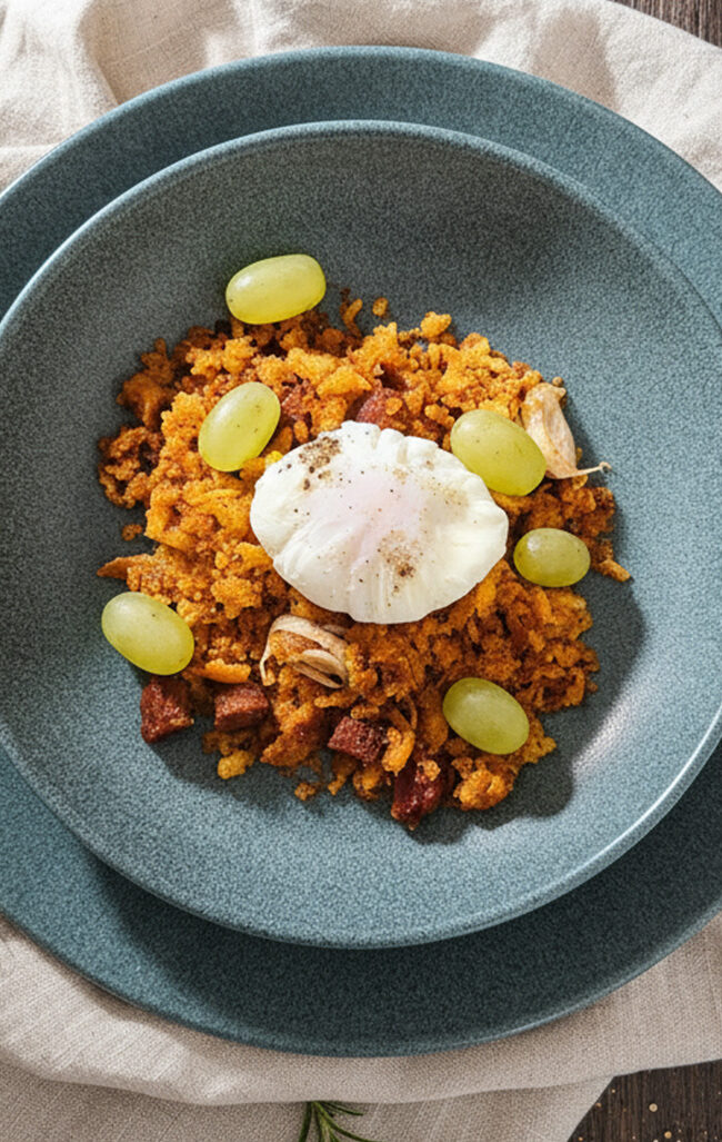 Migas con uvas y huevo poché: sabor y tradición