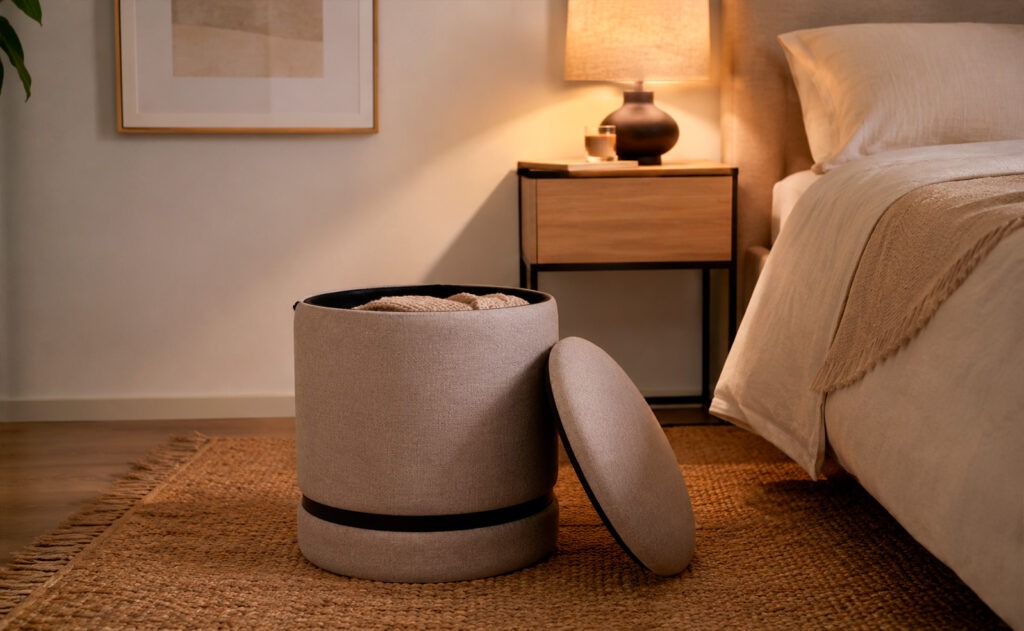 Puff con almacenaje y taburete de tela beige