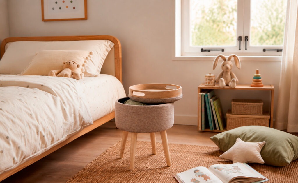 Puff con almacenaje y taburete de tela beige