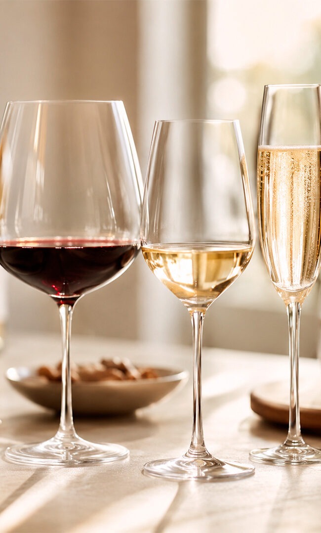 Copas de vino de cristal para vino tinto, blanco, rosado y espumoso sobre una mesa elegante | Oh'Gar