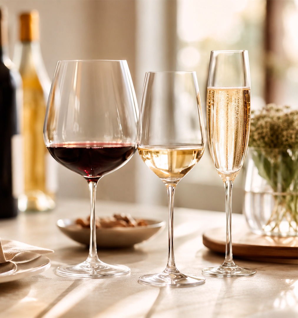 Copas de vino de cristal para vino tinto, blanco, rosado y espumoso sobre una mesa elegante | Oh'Gar