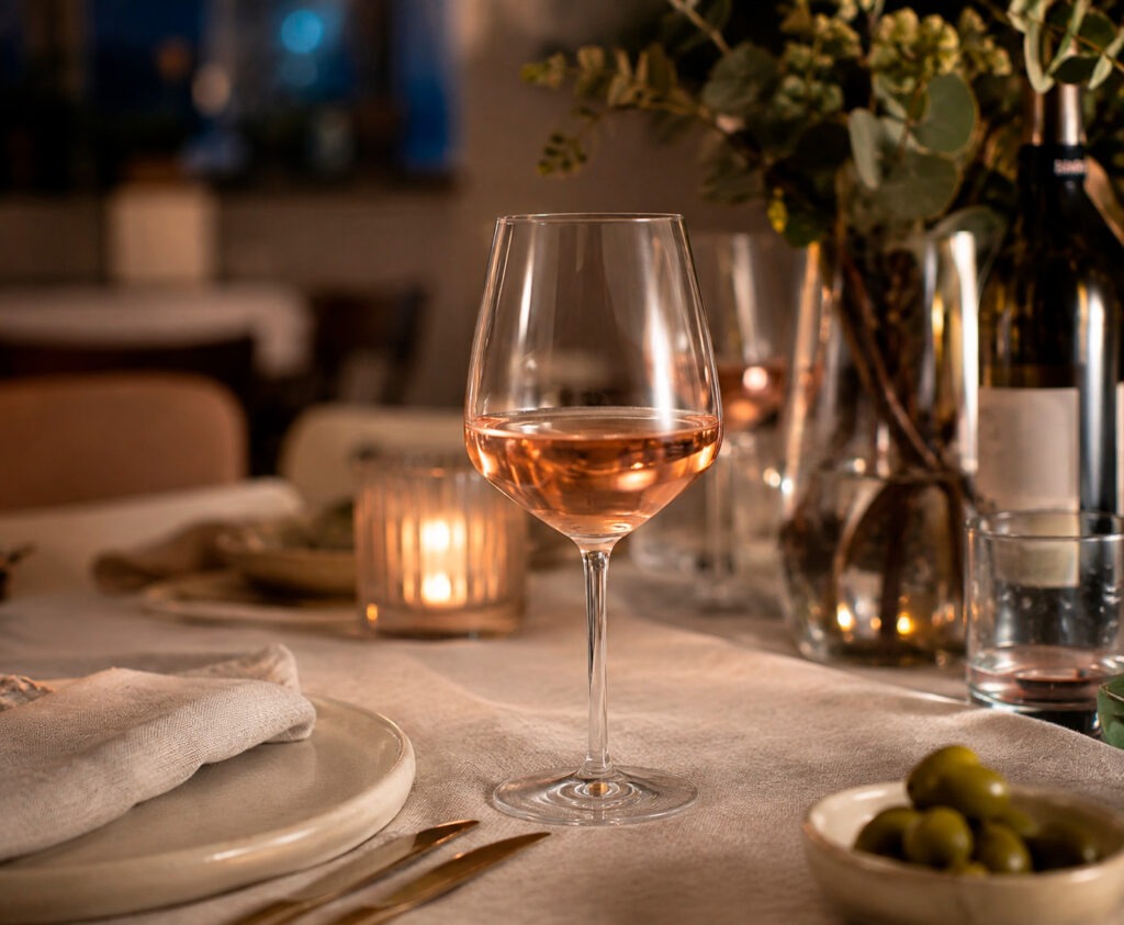 Copas de vino de cristal para vino tinto, blanco, rosado y espumoso sobre una mesa elegante | Oh'Gar
