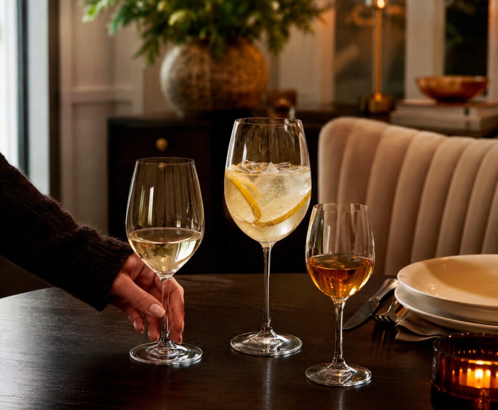 Copas de vino de cristal para vino tinto, blanco, rosado y espumoso sobre una mesa elegante | Oh'Gar