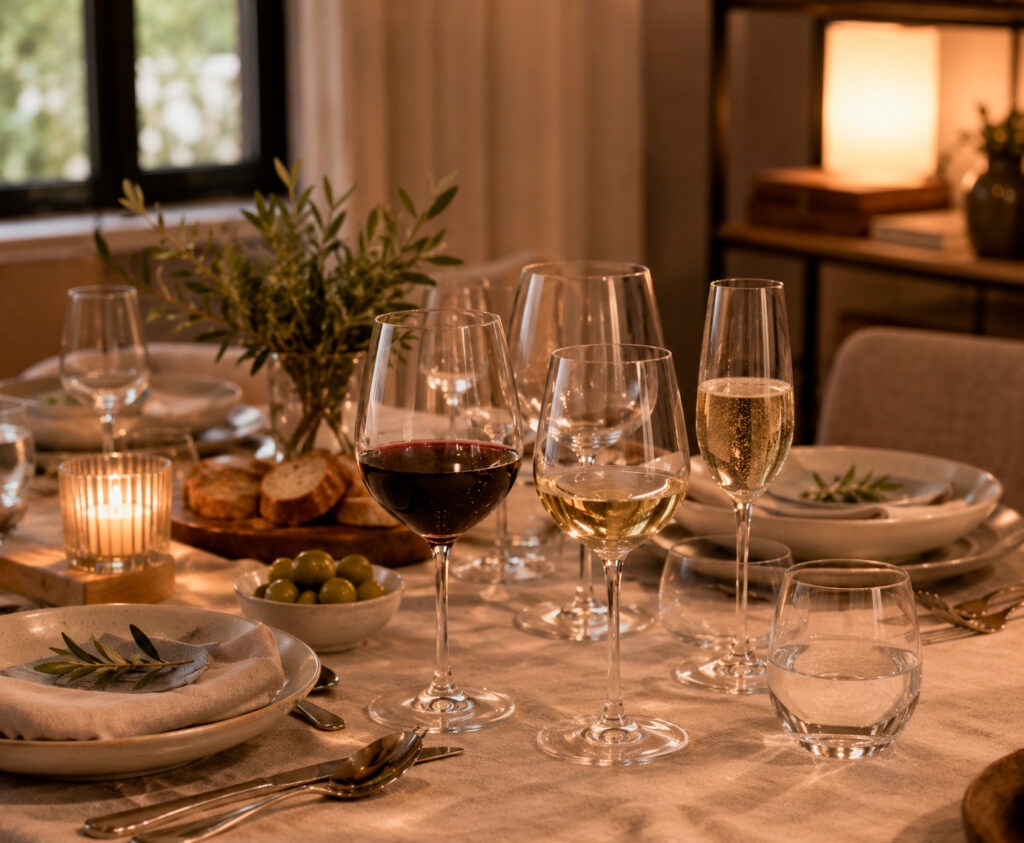 Copas de vino de cristal para vino tinto, blanco, rosado y espumoso sobre una mesa elegante | Oh'Gar