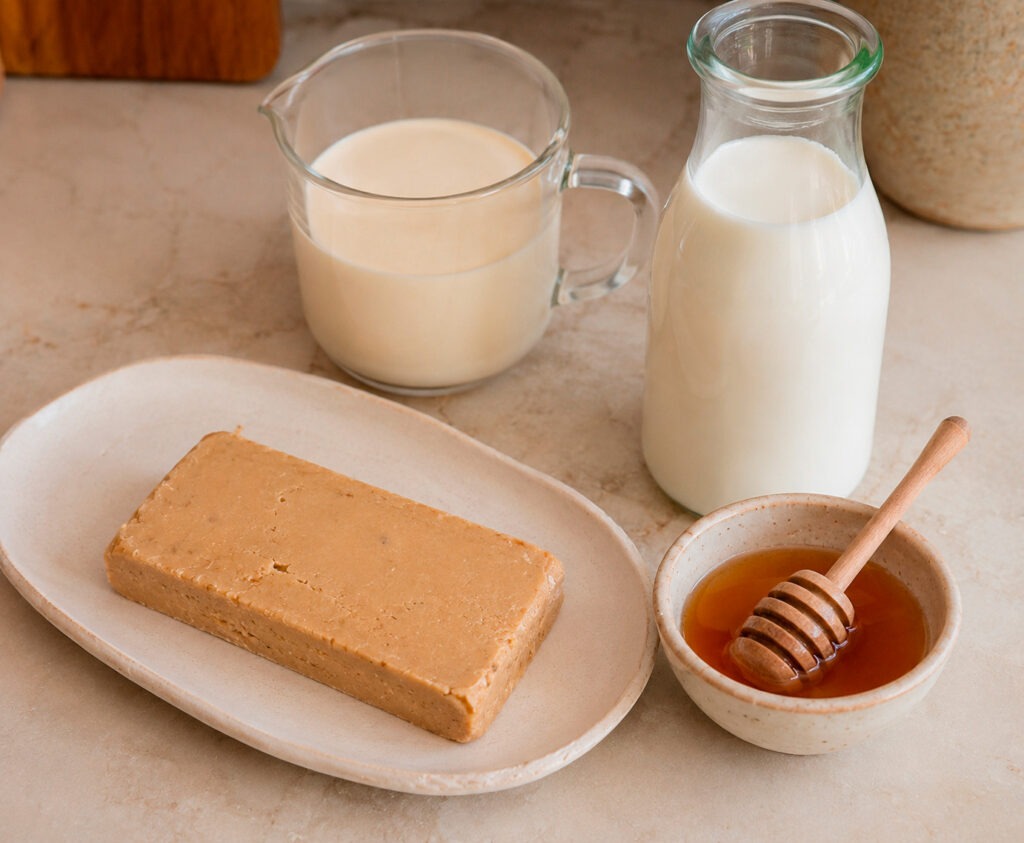 Helado de turrón de Jijona sin heladera servido en copa de cristal con chocolate negro y almendras sobre mármol blanco