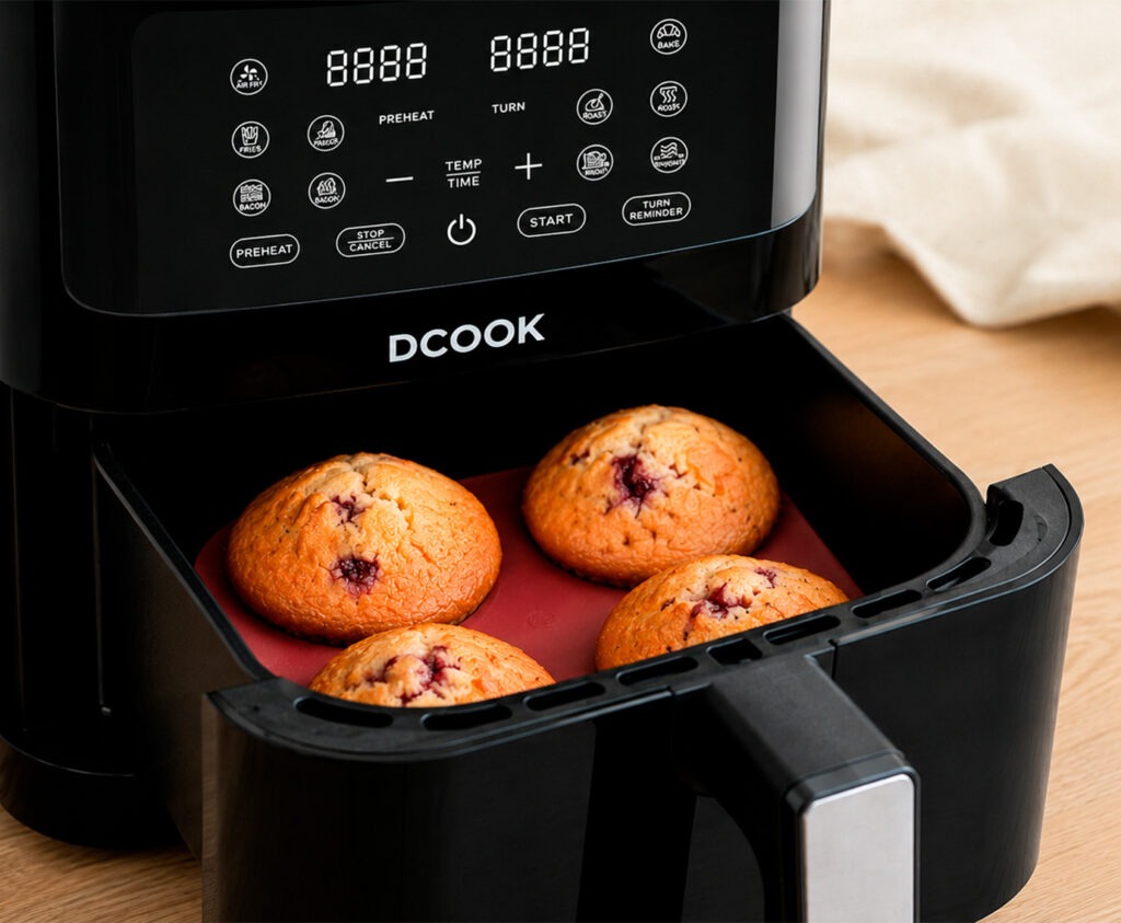 Muffins de cereza en airfryer esponjosos con mermelada y cerezas frescas sobre bandeja negra