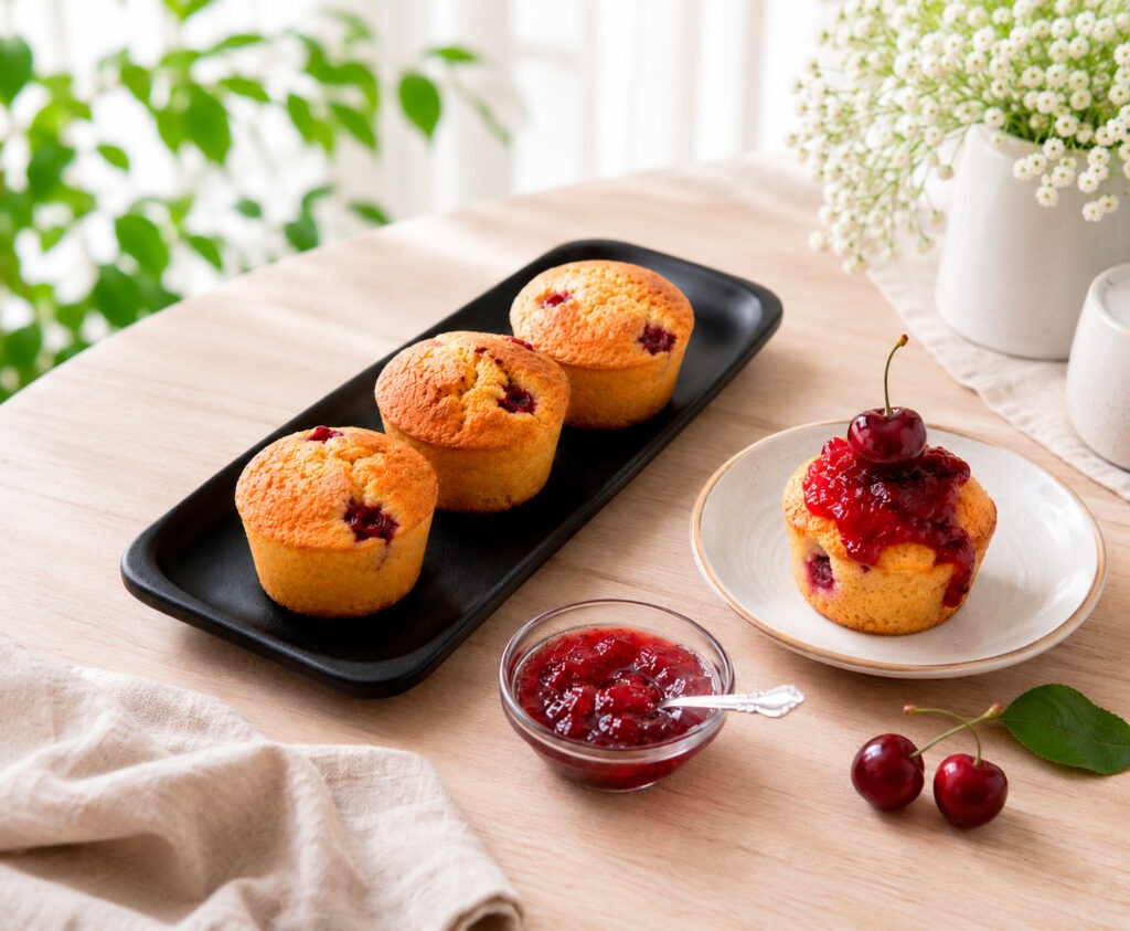 Muffins de cereza en airfryer esponjosos con mermelada y cerezas frescas sobre bandeja negra