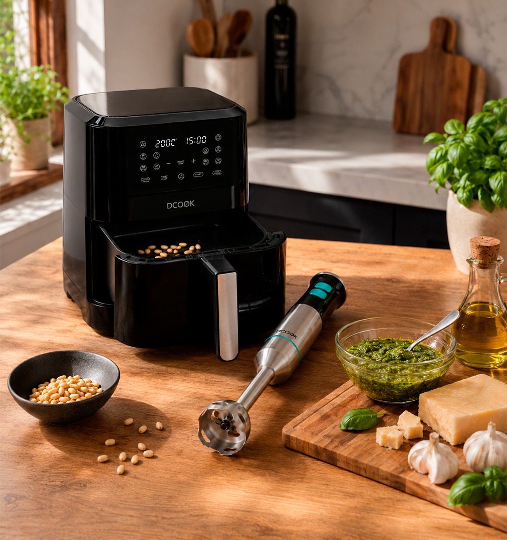 Salsa pesto casera de Mario Sandoval con airfryer Dcook y batidora de mano Dcook