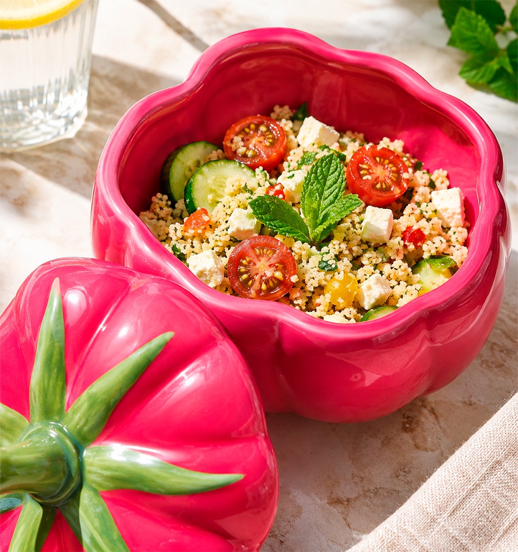 Bol de tabulé de cous cous con queso feta, tomates cherry, pepino y hierbabuena fresca sobre mármol