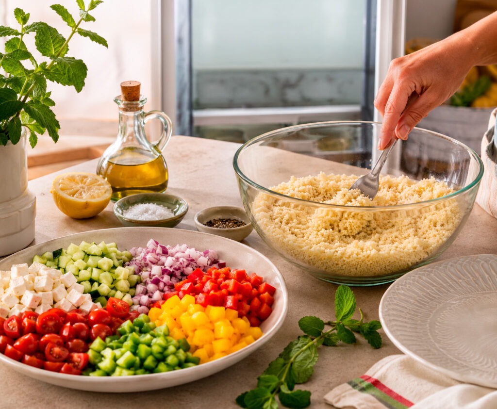 Bol de tabulé de cous cous con queso feta, tomates cherry, pepino y hierbabuena fresca sobre mármol