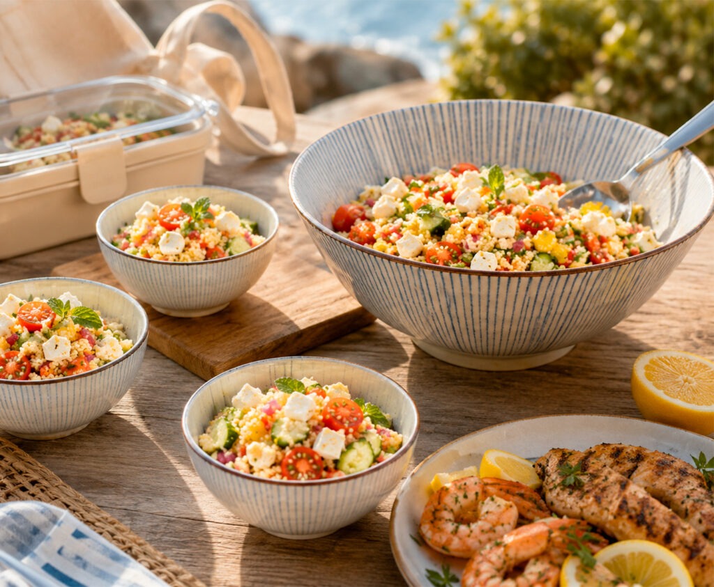 Bol de tabulé de cous cous con queso feta, tomates cherry, pepino y hierbabuena fresca sobre mármol