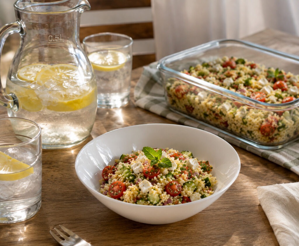 Bol de tabulé de cous cous con queso feta, tomates cherry, pepino y hierbabuena fresca sobre mármol