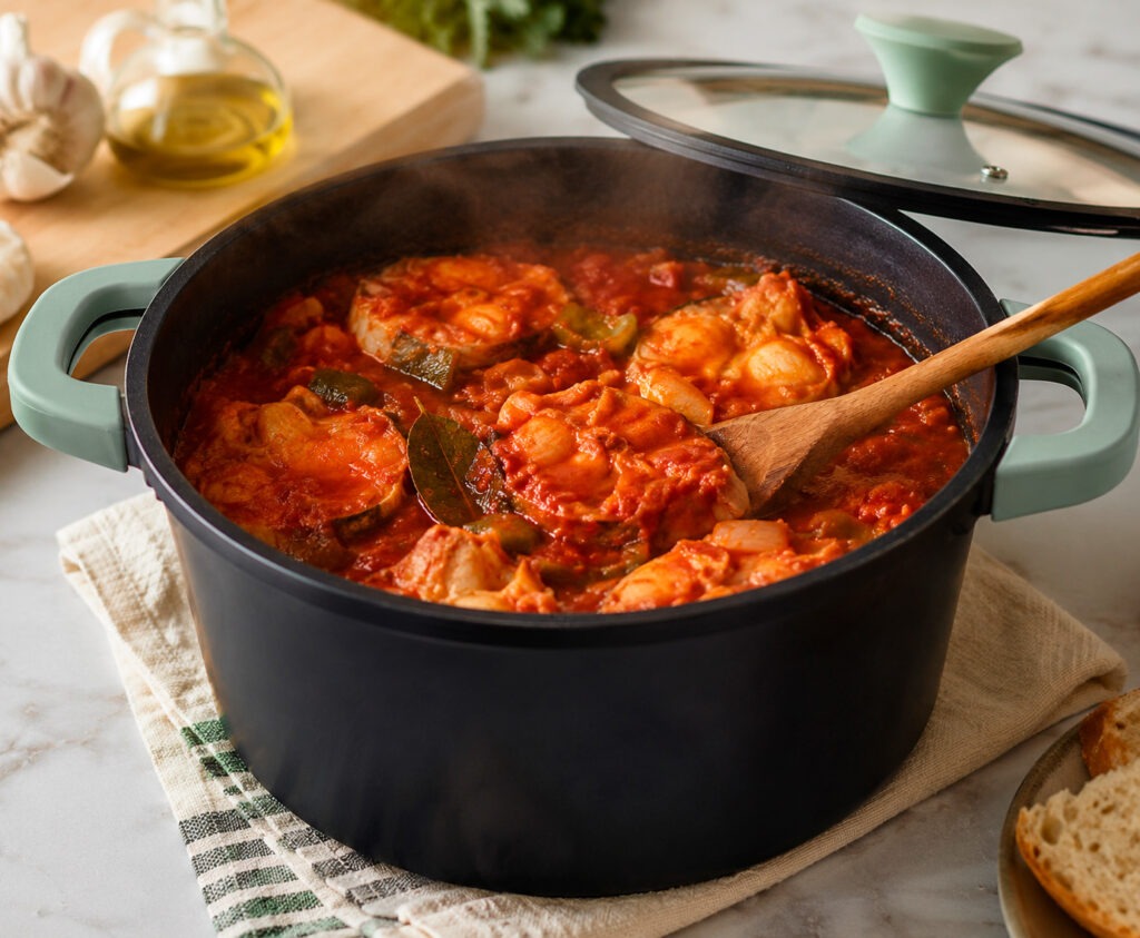 Cazón en tomate tradicional gaditano servido en plato hondo blanco con salsa de tomate espesa y pan al lado