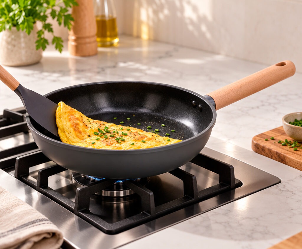 Sartén antiadherente con tortilla francesa junto a una sartén de acero inoxidable con un filete dorado