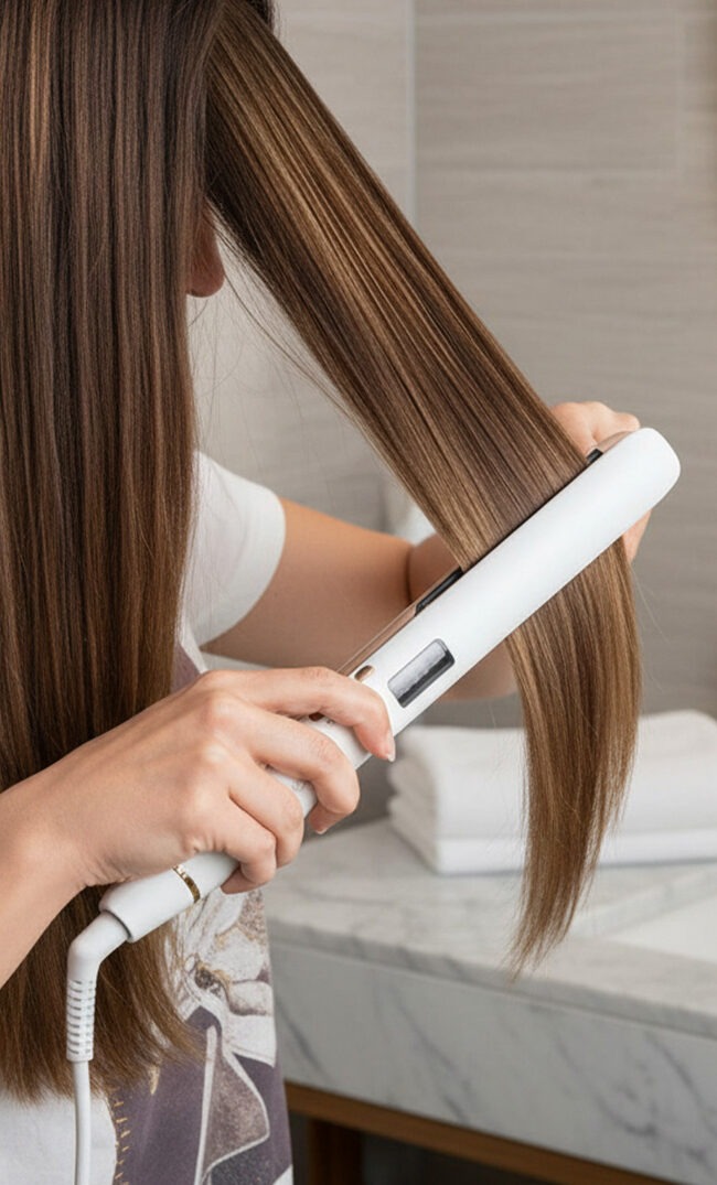 Plancha de pelo y rizador sobre fondo claro para peinado