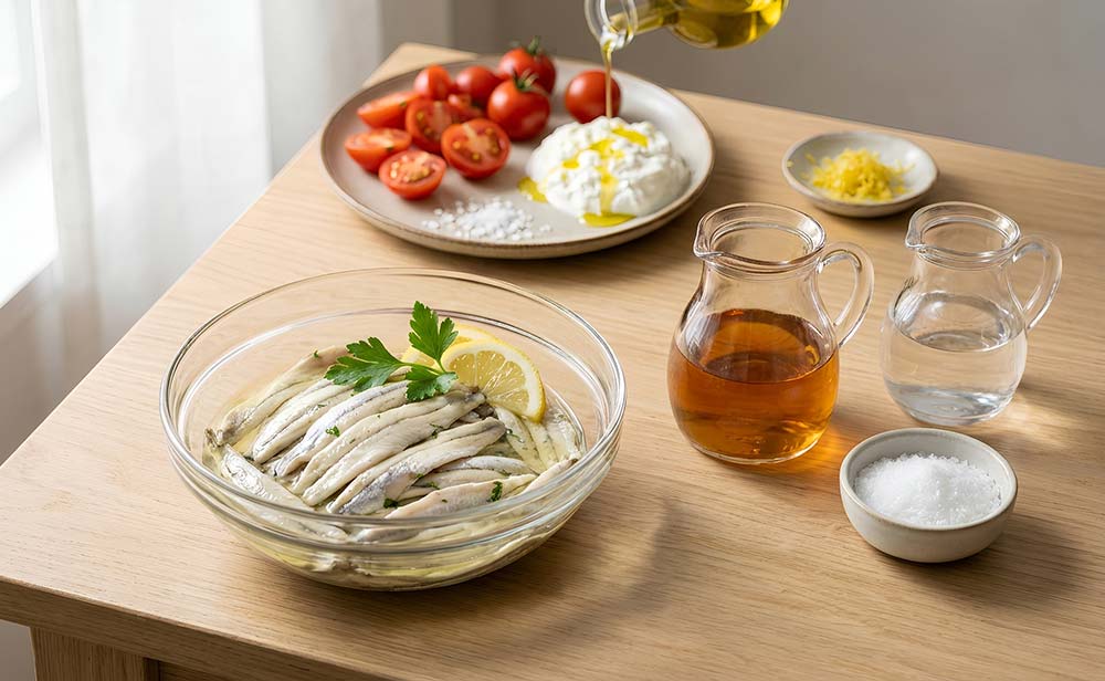 Boquerones en vinagre con cherry y stracciatella