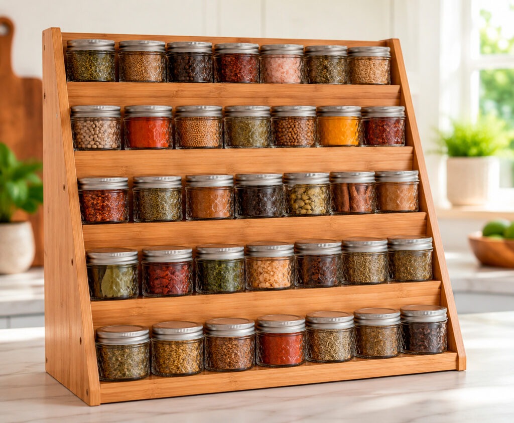 Botes de cristal con tapa de distintos tamaños con cereales, especias y legumbres ordenados en estantería de despensa