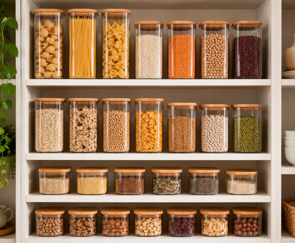 Botes de cristal con tapa de distintos tamaños con cereales, especias y legumbres ordenados en estantería de despensa
