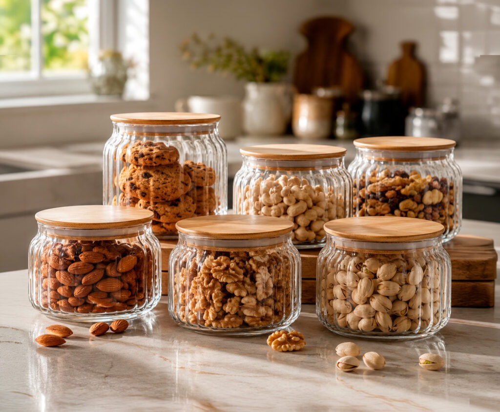 Botes de cristal con tapa de distintos tamaños con cereales, especias y legumbres ordenados en estantería de despensa