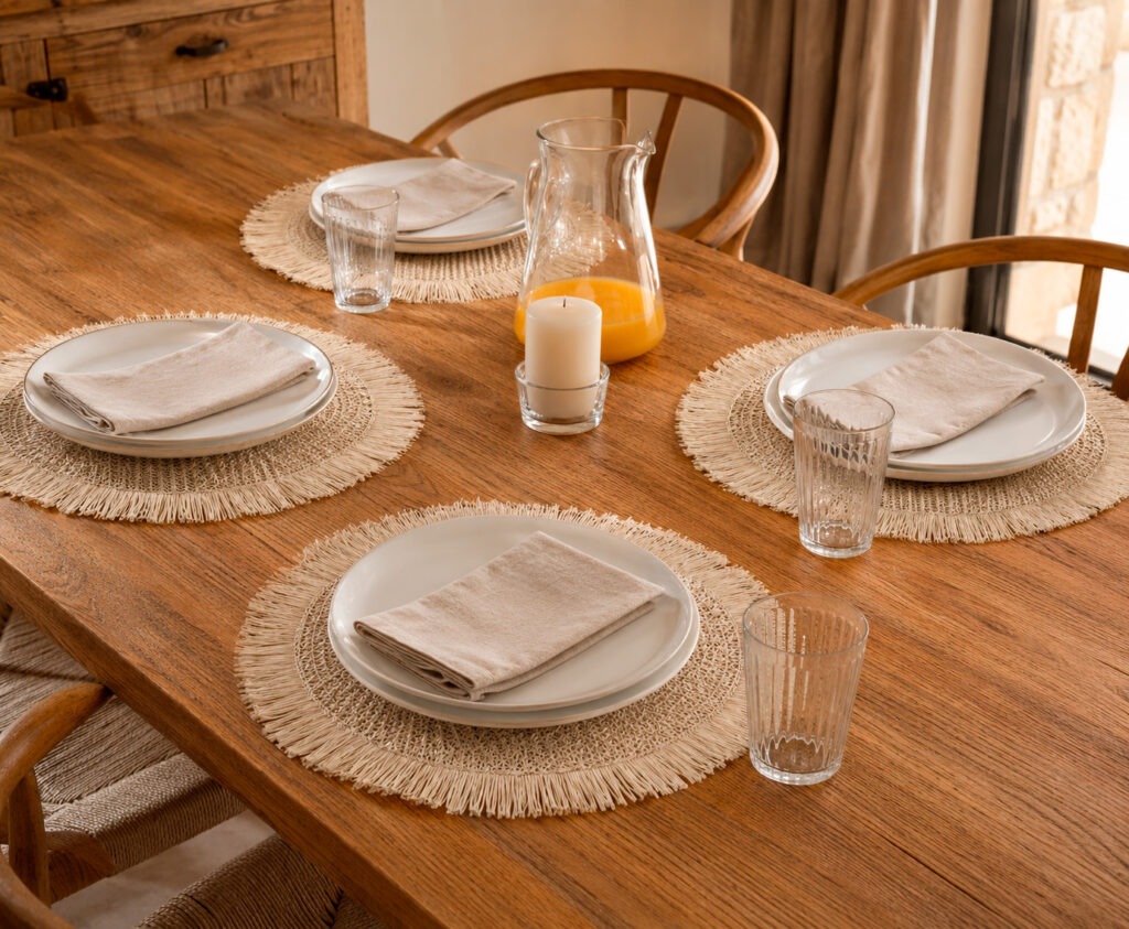 Mesa de comedor con manteles individuales redondos de rafia, vajilla blanca y vasos de cristal