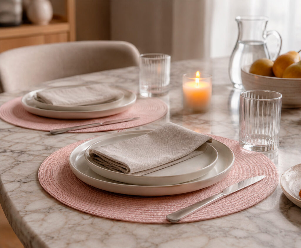 Mesa de comedor con manteles individuales redondos de rafia, vajilla blanca y vasos de cristal