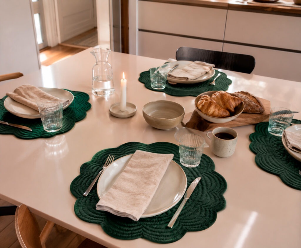 Mesa de comedor con manteles individuales redondos de rafia, vajilla blanca y vasos de cristal