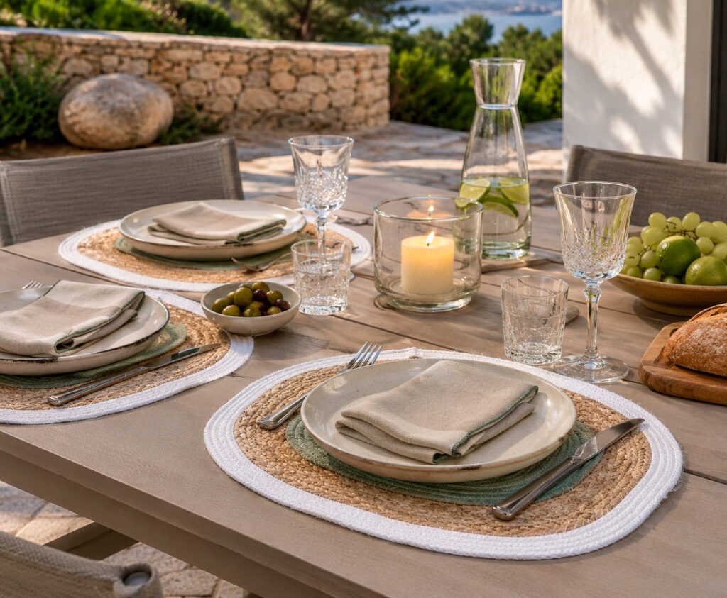 Mesa de comedor con manteles individuales redondos de rafia, vajilla blanca y vasos de cristal