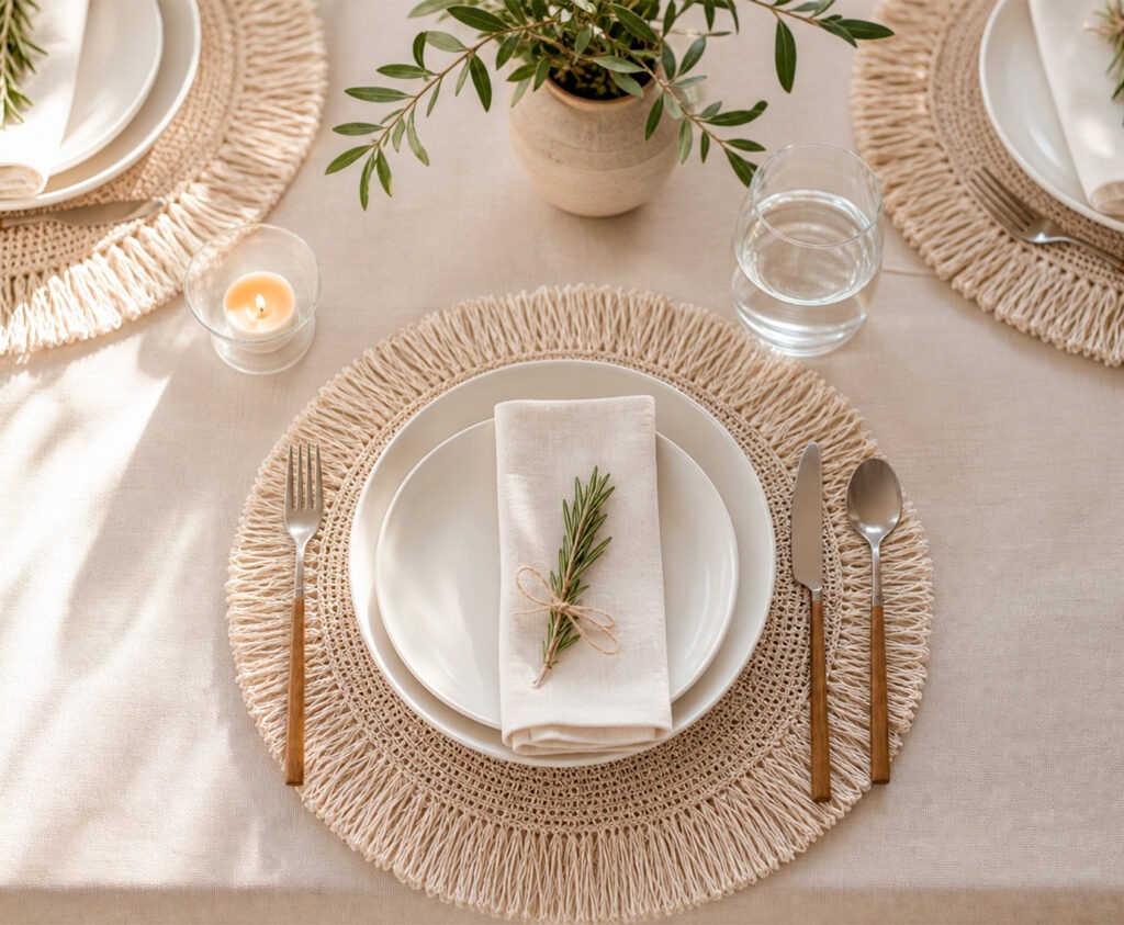 Mesa de comedor con manteles individuales redondos de rafia, vajilla blanca y vasos de cristal