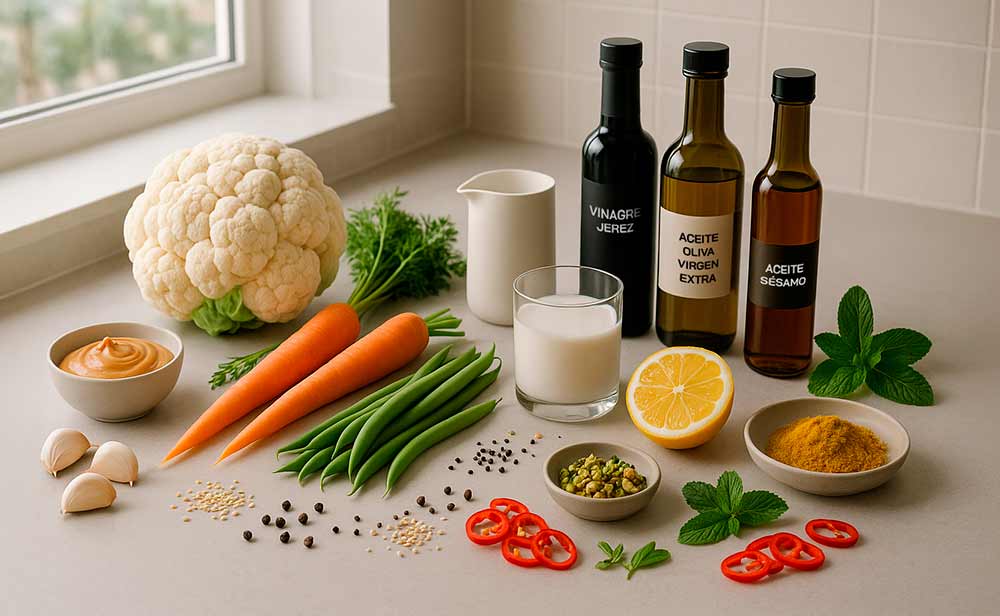 Ensalada de verduras con coliflor y aliño asiático