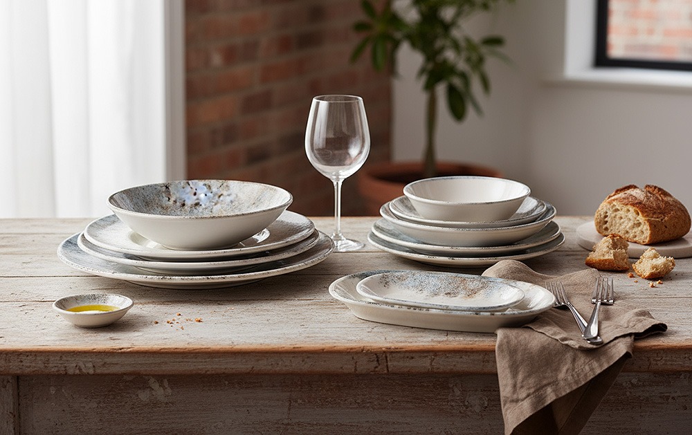 Vajilla de porcelana Bidasoa completa montada en mesa de comedor moderna