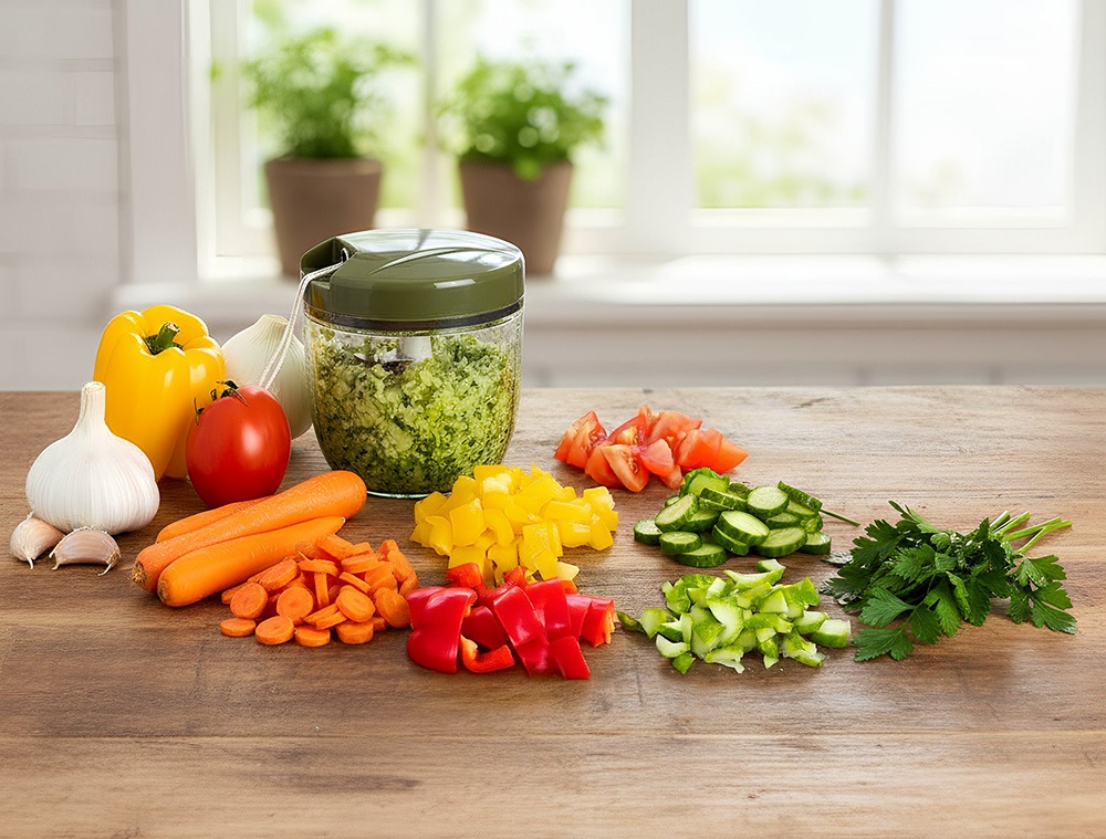 Picadora manual con verduras frescas picadas en cocina doméstica