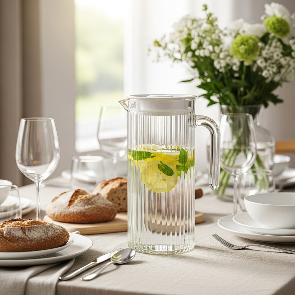 Jarra de cristal con limonada, menta y hielo sobre mesa decorada; ideal para jarras de agua en casa.