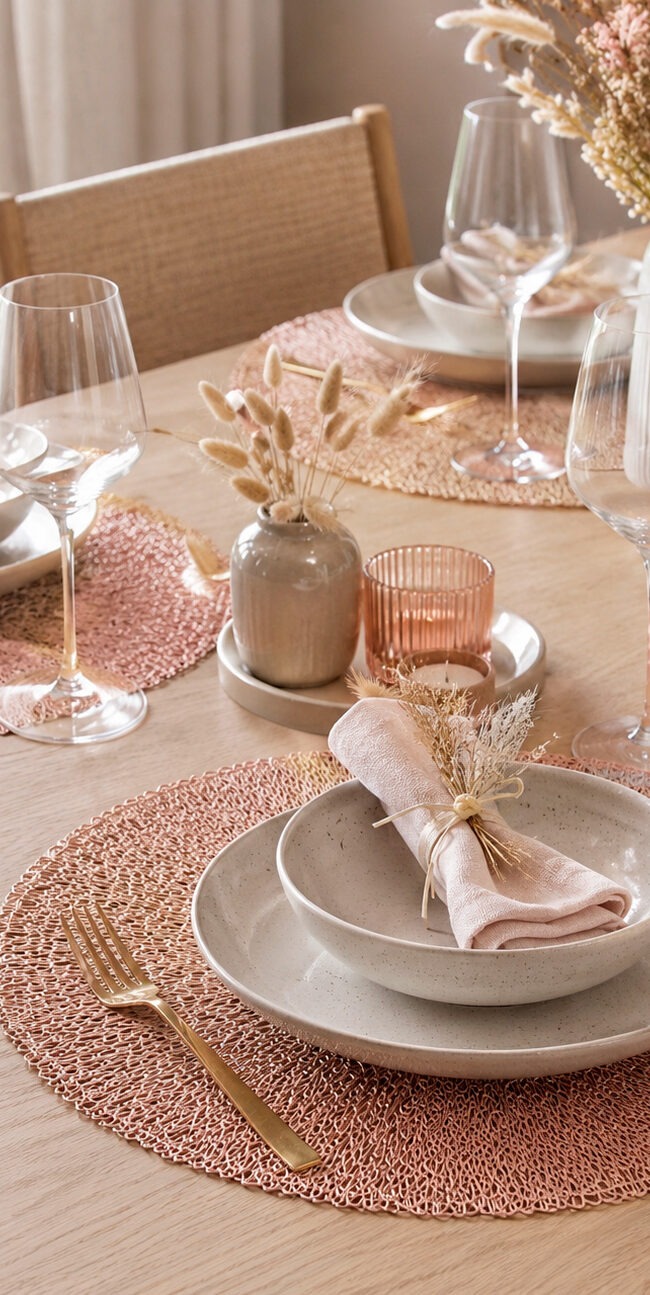 Mesa de comedor con manteles individuales redondos de rafia, vajilla blanca y vasos de cristal