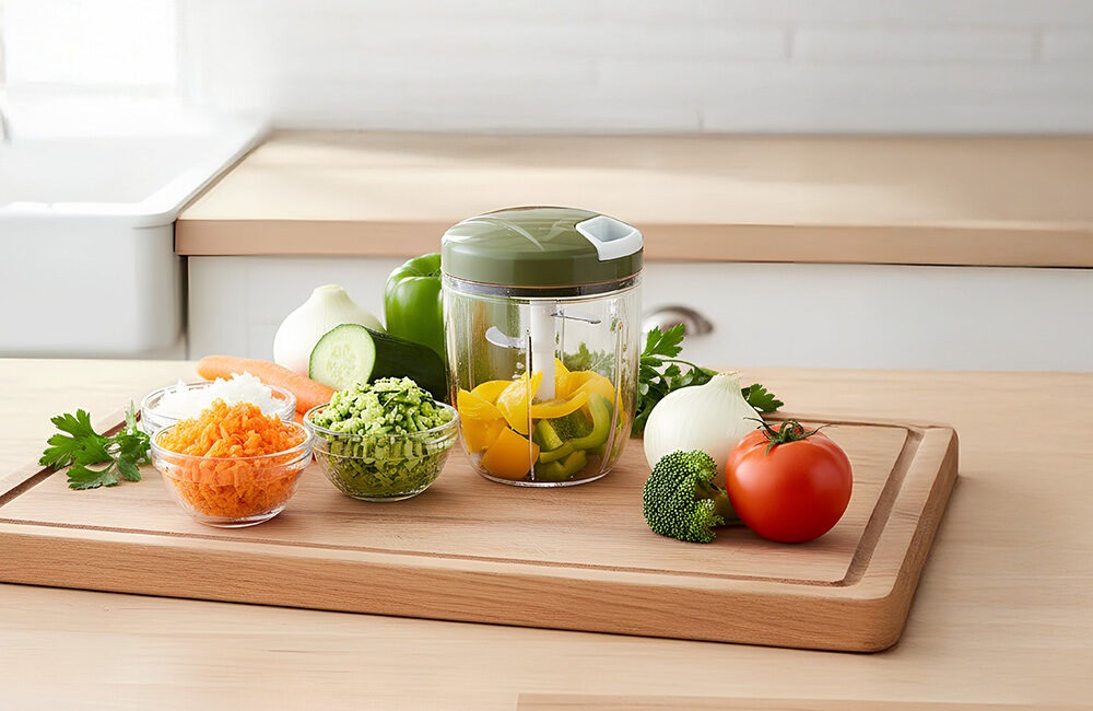 Picadora manual con verduras frescas picadas en cocina doméstica