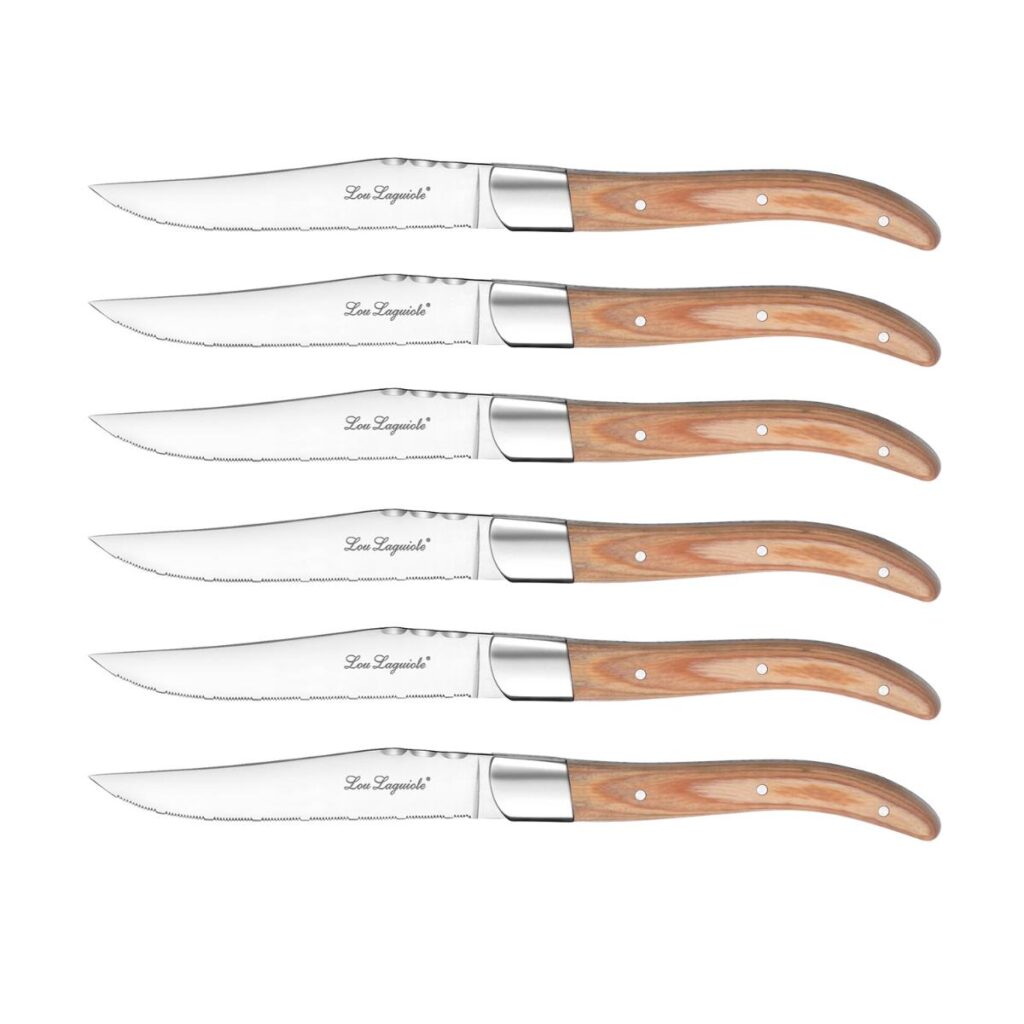 SET 6 CUCHILLOS CHULETEROS INOX MANGO MADERA HAYA LOUIS LOU LAGUIOLE