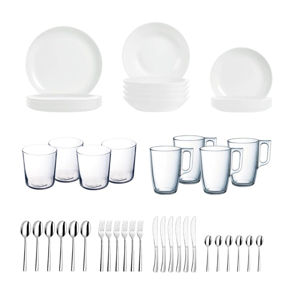 VAJILLA BLANCA LUMINARC VIDRIO CON VASOS, MUGS Y CUBERTERÍA